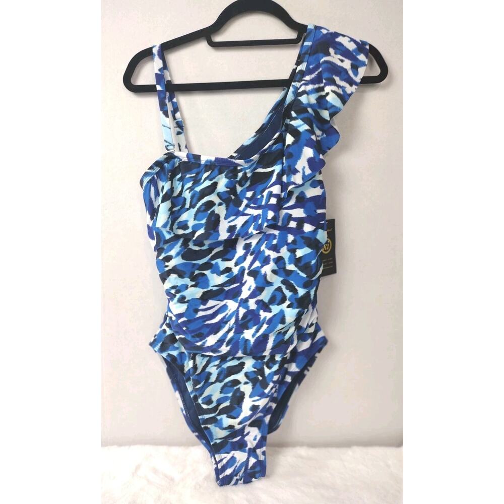 Kathy Ireland Blue Swimsuit One Shoulder Ruffle Size 12 NWTS